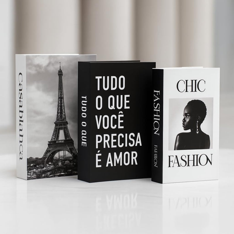 Kit 3 Caixas Livro Decorativo Porta Objetos Decoração Casa Sala Multiuso Jogo de Livros Decorativos Conjunto Capa Dura (CASA BLANCA)