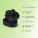 Fone de ouvido sem fio TWS Philips TAT1209BK/00 na cor preto, com bluetooth, microfone, tecnologia IPX4 e 18 horas de reprodução.