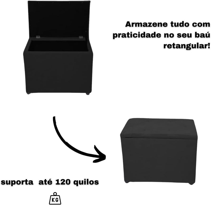 Baú Retangular Guarda Volumes Brinquedos Decoração Assento Quarto Sala (Preto Suede)