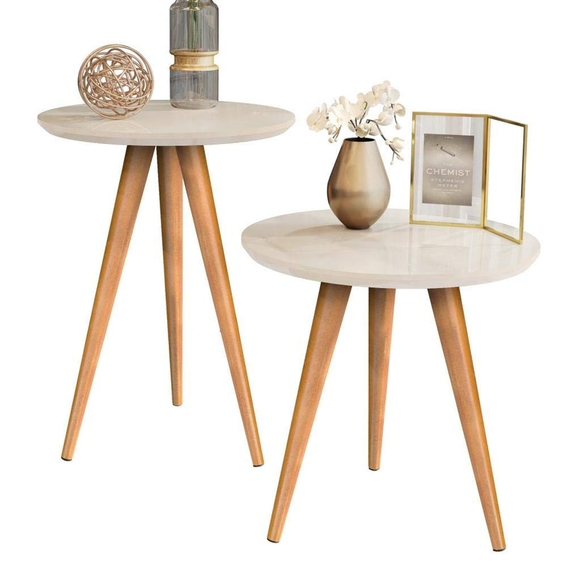 Kit Mesa Apoio e Lateral de Sofá Retrô Classic com 3 Pernas Decoração - Off White/Freijo