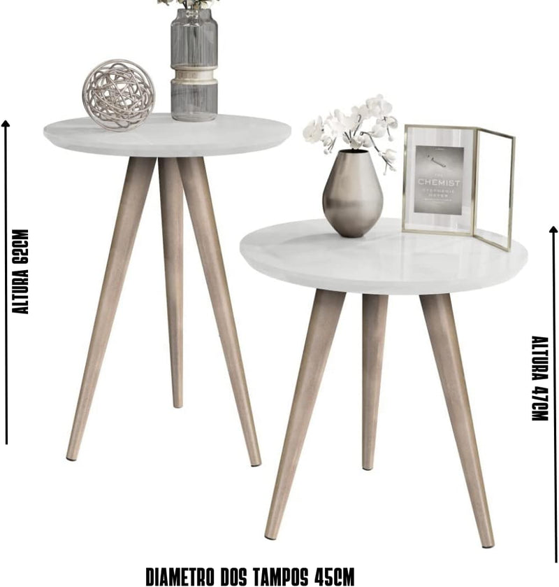 Kit Mesa Apoio e Lateral de Sofá Retrô Classic com 3 Pernas Decoração - Off White/Freijo