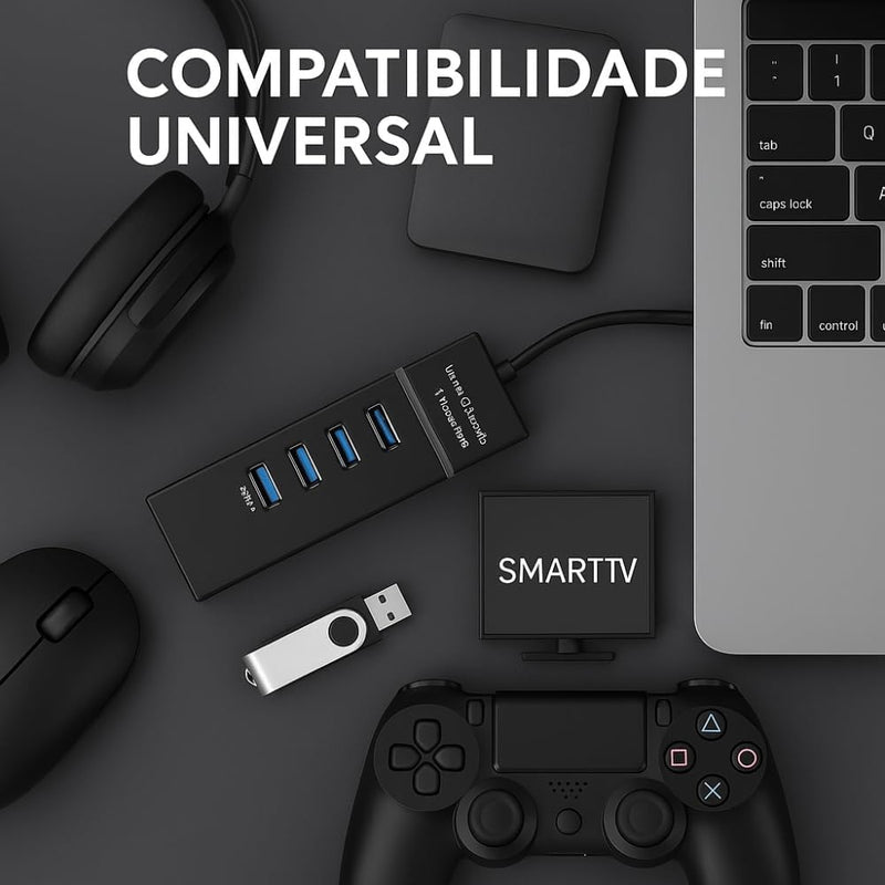 Hub USB 3.0 Com 4 Portas, LED, Alta Velocidade (5Gbps) Compatível Com PC TV Consoles Mouse PenDrive Teclado Impressora Plug & Play, Expansor para PC, Notebook, Mac e Windows (PRETO)