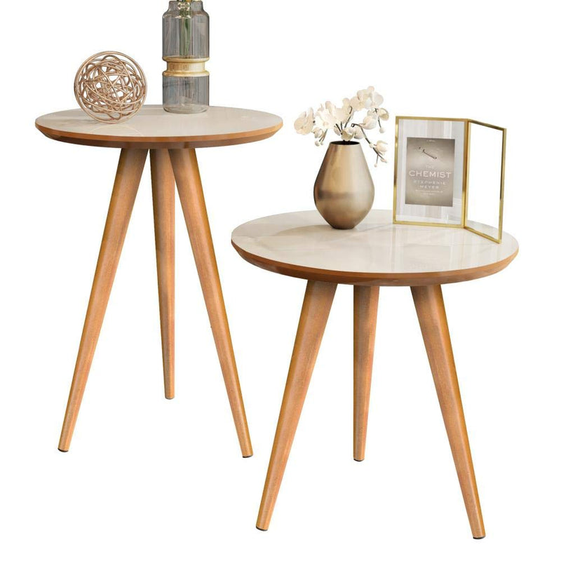 Kit Mesa Apoio e Lateral de Sofá Retrô Classic com 3 Pernas Decoração - Off White/Freijo