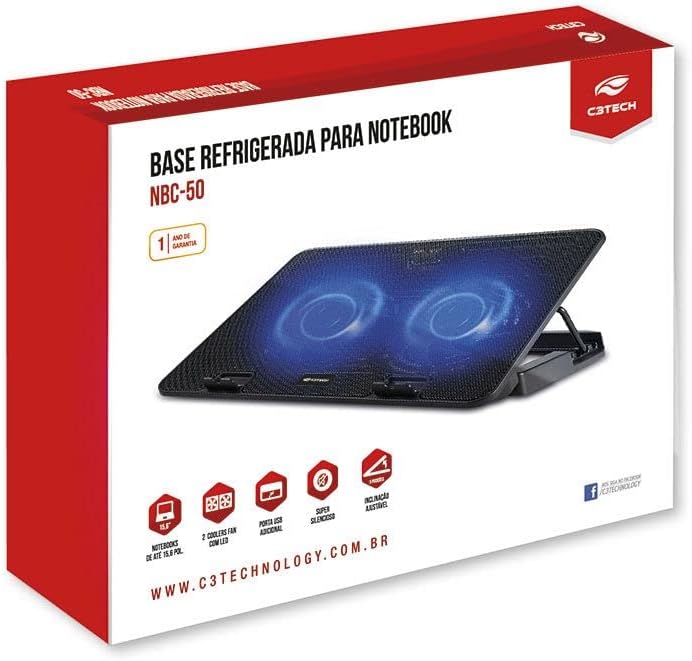C3Tech Base para Notebook NBC-50BK 15,6" Refrigerada com 2 Coolers, Led de Iluminacao Azul, Inclinacao Ajustável em 5 niveis, com USB, cor Preta
