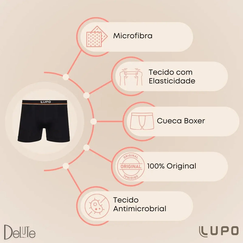 Kit 6 Cuecas Boxer Lupo Microfibra Poliamida Sem Costura Adulto Masculino
