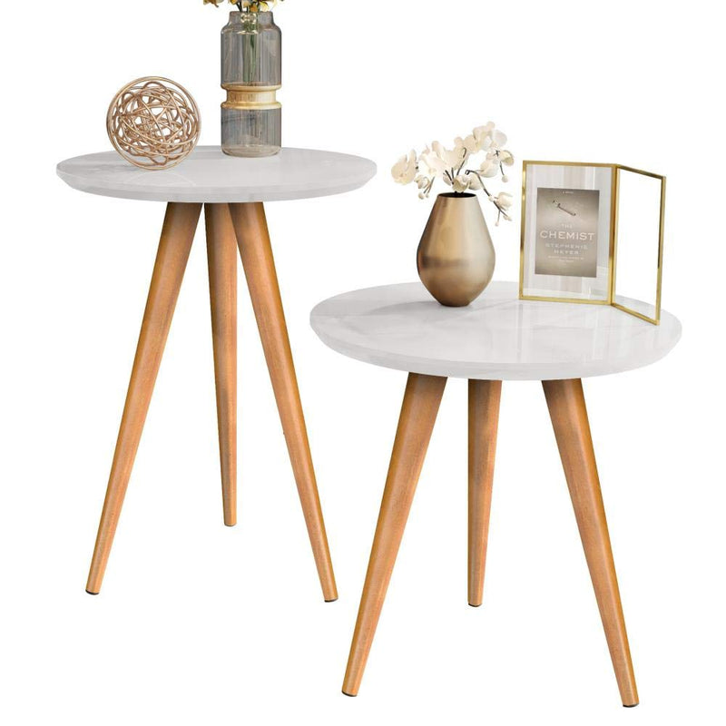 Kit Mesa Apoio e Lateral de Sofá Retrô Classic com 3 Pernas Decoração - Off White/Freijo