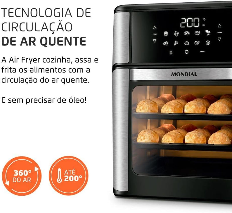 Fritadeira Air Fryer Forno Oven 12L, Mondial, Preto/Inox, 2000W, 110V - AFO-12L-BI