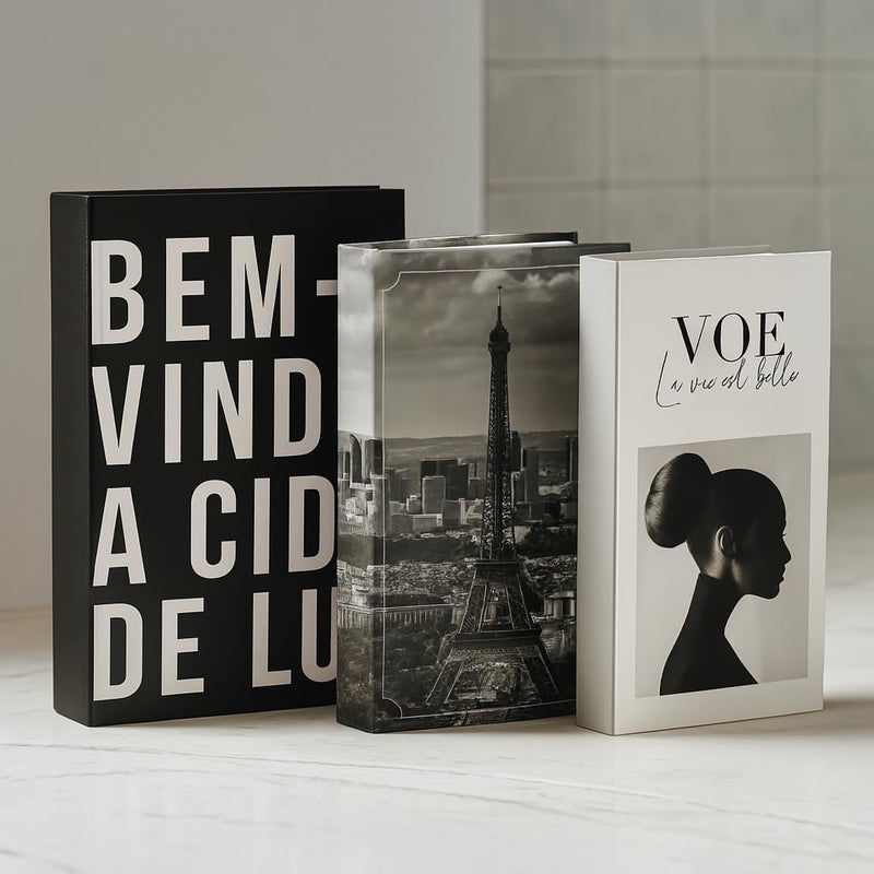 Kit 3 Caixas Livro Decorativo Porta Objetos Decoração Casa Sala Multiuso Jogo de Livros Decorativos Conjunto Capa Dura (CASA BLANCA)
