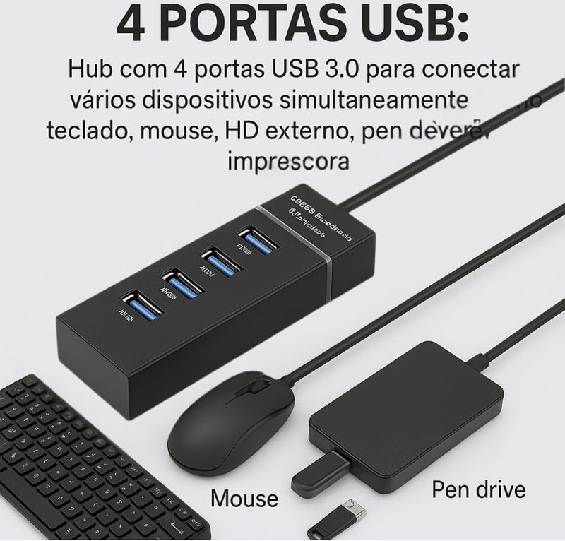 Hub USB 3.0 Com 4 Portas, LED, Alta Velocidade (5Gbps) Compatível Com PC TV Consoles Mouse PenDrive Teclado Impressora Plug & Play, Expansor para PC, Notebook, Mac e Windows (PRETO)