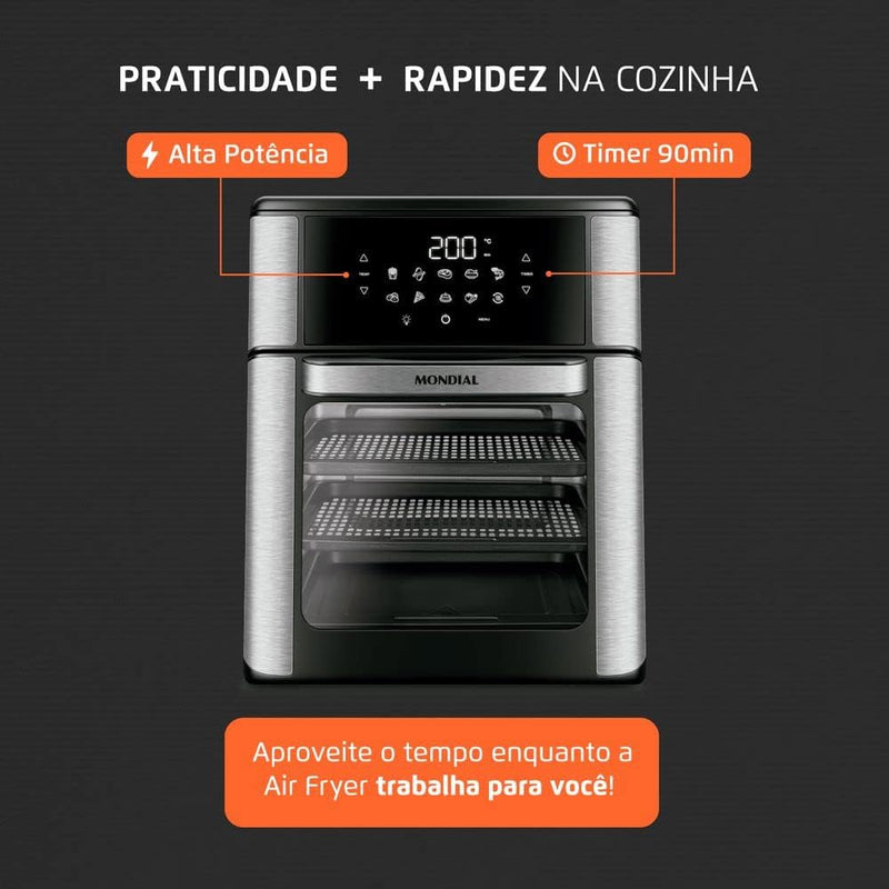 Fritadeira Air Fryer Forno Oven 12L, Mondial, Preto/Inox, 2000W, 110V - AFO-12L-BI