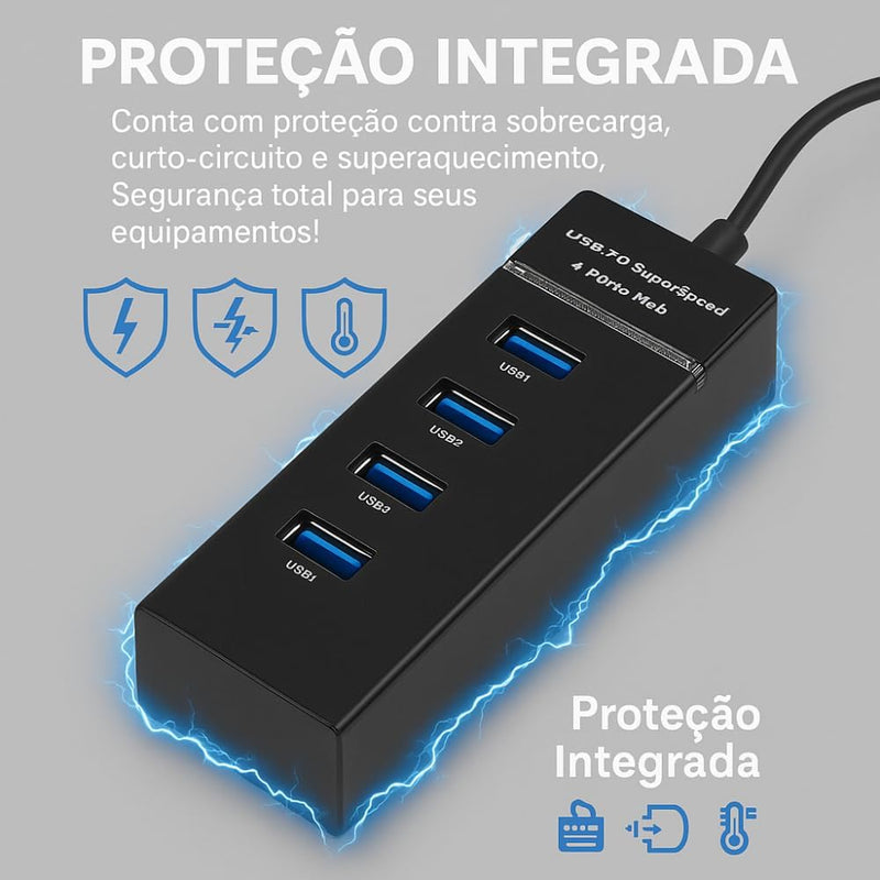 Hub USB 3.0 Com 4 Portas, LED, Alta Velocidade (5Gbps) Compatível Com PC TV Consoles Mouse PenDrive Teclado Impressora Plug & Play, Expansor para PC, Notebook, Mac e Windows (PRETO)