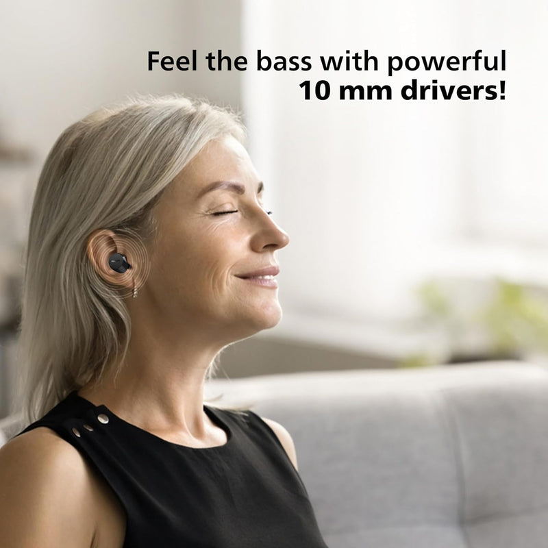 Fone de ouvido sem fio TWS Philips TAT1209BK/00 na cor preto, com bluetooth, microfone, tecnologia IPX4 e 18 horas de reprodução.
