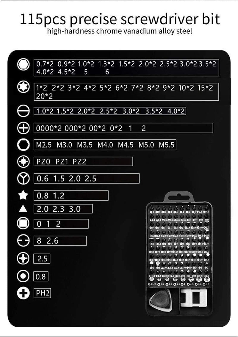 Conjunto de chaves de fenda de precisão 115 em 1 kit de ferramentas de reparo com kit de driver magnético, conjunto de chaves de fenda de precisão eletrônica com bolsa portátil para computador de reparo, telefone celular, PC, iPhone, tablets