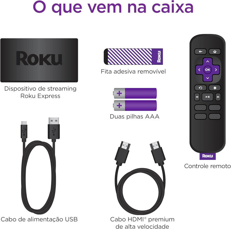 Roku Express | Dispositivo de streaming para TV HD/Full HD compatível com Alexa, Siri e Google. Inclui Cabo HDMI Premium