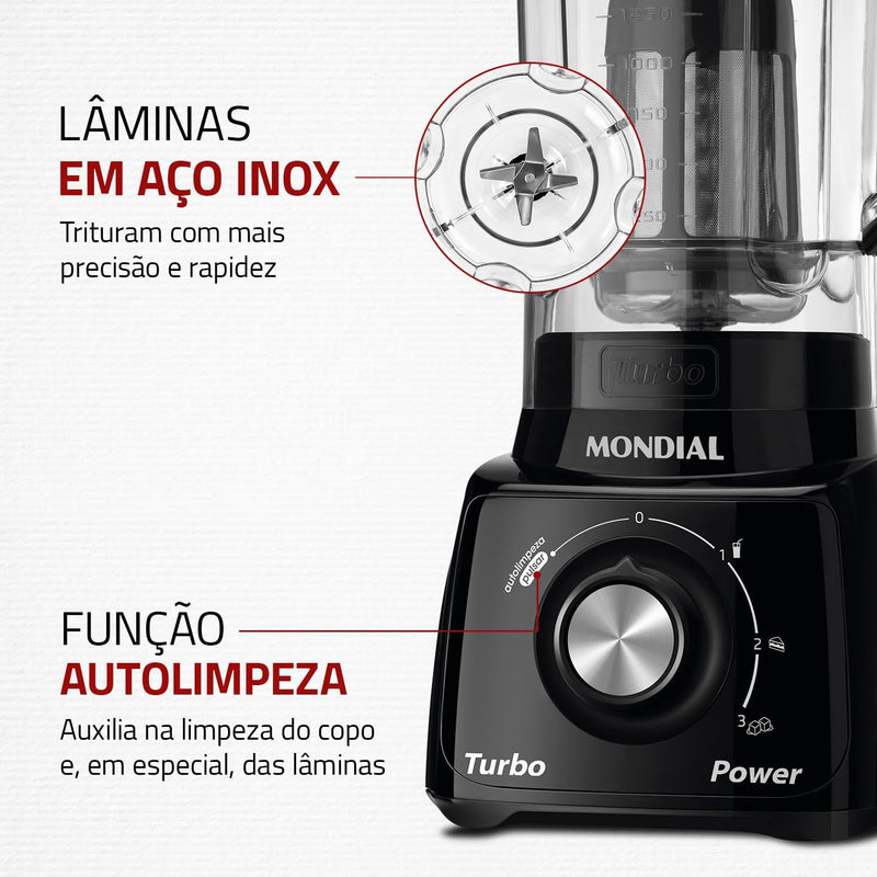 Liquidificador Mondial, Turbo Power 550W, 220V, Preto, 2,2 L - L-99 FB