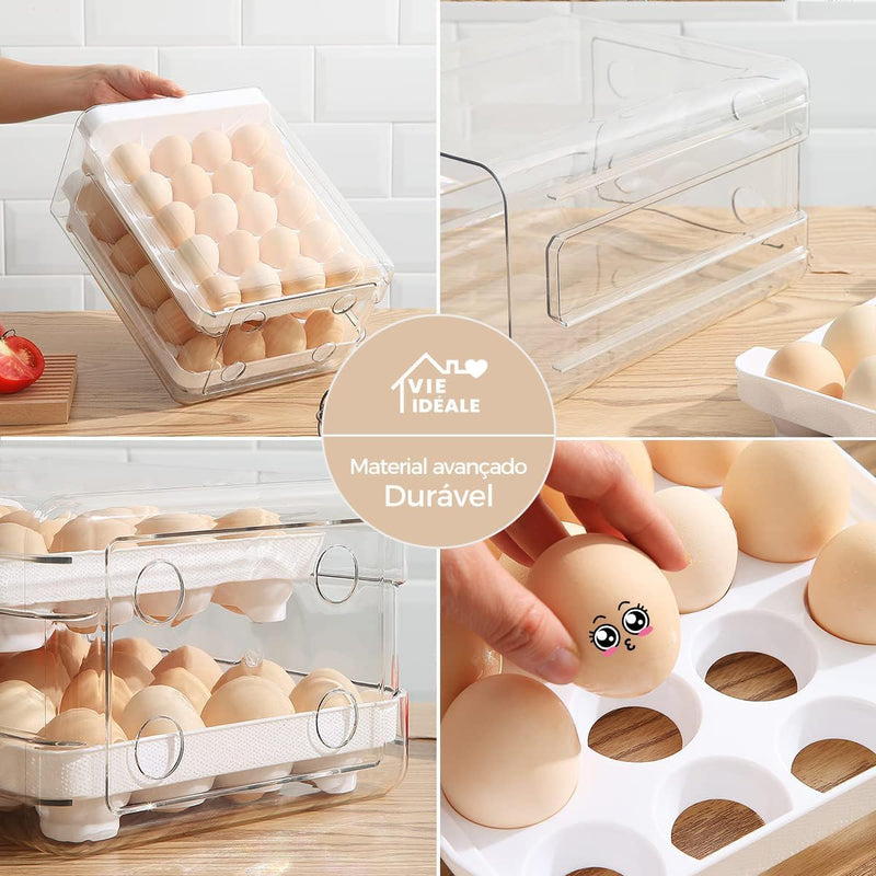 Porta-ovos para Geladeira de 2 Camadas, Recipiente de Armazenamento de Ovos Frescos, Caixa Organizadora de Plástico Transparente Empilhável, Bandeja para 40 Ovos com Alças para Cozinha e Casa