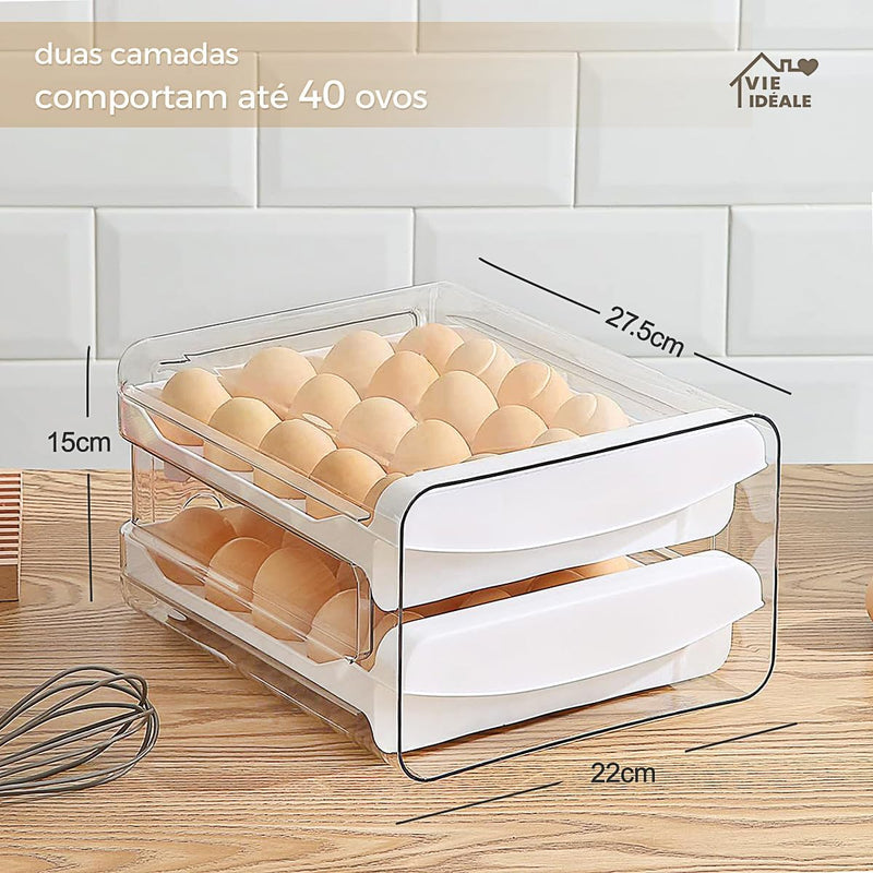 Porta-ovos para Geladeira de 2 Camadas, Recipiente de Armazenamento de Ovos Frescos, Caixa Organizadora de Plástico Transparente Empilhável, Bandeja para 40 Ovos com Alças para Cozinha e Casa