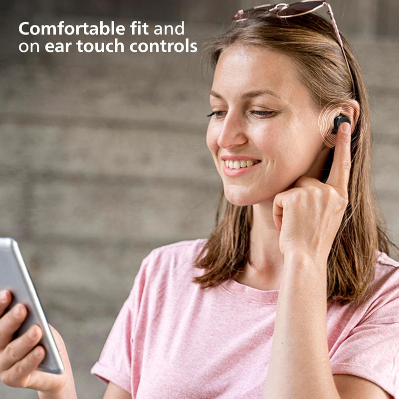 Fone de ouvido sem fio TWS Philips TAT1209BK/00 na cor preto, com bluetooth, microfone, tecnologia IPX4 e 18 horas de reprodução.